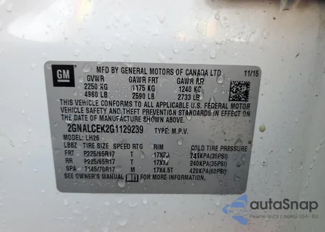 2016 Chevrolet Equinox Lt from USA, damaged, VIN 2GNALCEK2G1129239